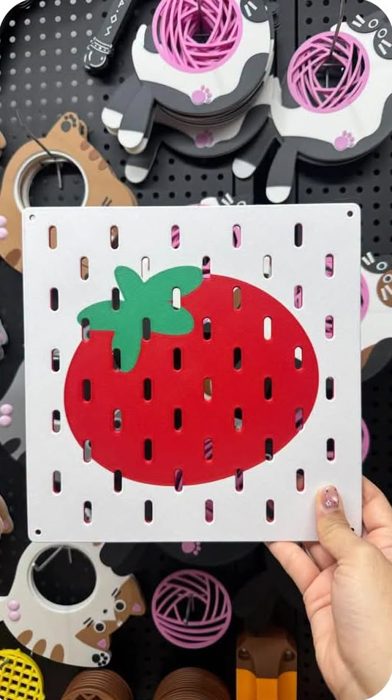 แผ่น pegboard ลายสตรอว์เบอร์รีที่นักเรียนวาดและปริ้นเอง
